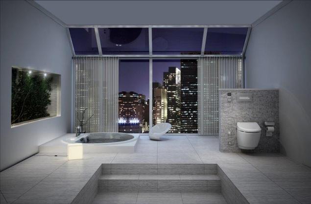 Duża nowoczesna łazienka jak luksusowy salon kąpielowy nad miastem